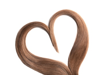 Photo of Heart made of brown hair locks on white background