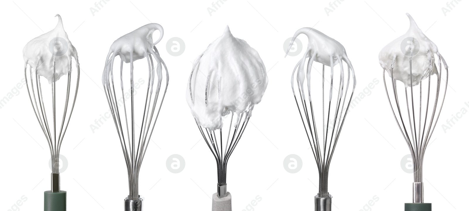 Image of Many different whisks with cream isolated on white, collection