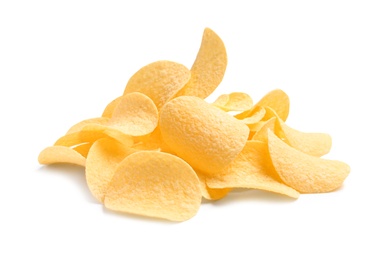 Tasty crispy potato chips on white background