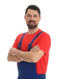 Photo of Portrait of professional auto mechanic on white background