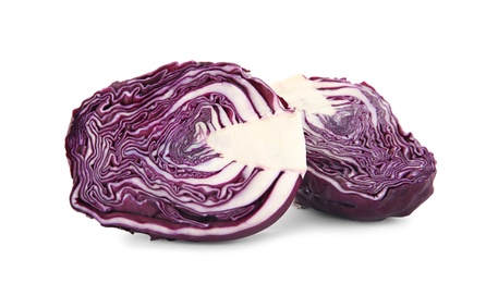 Photo of Halves of ripe red cabbage on white background