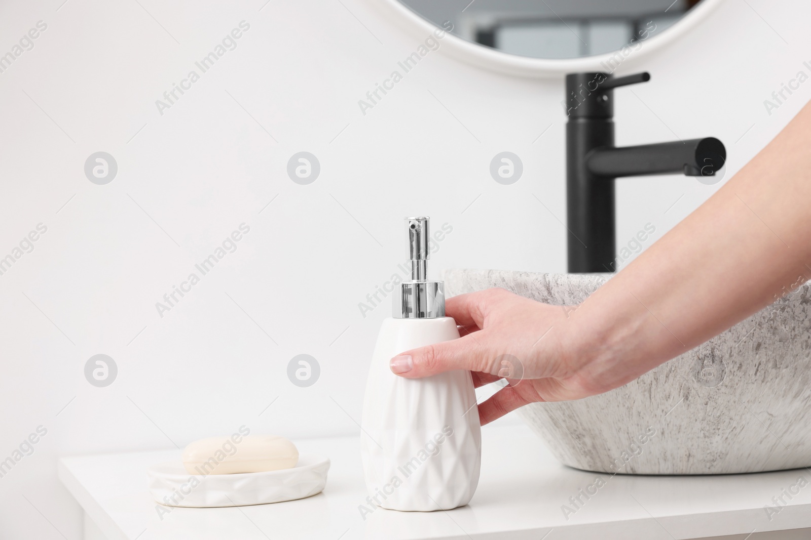 Photo of Bath accessories. Woman with container of cosmetic product indoors, closeup and space for text