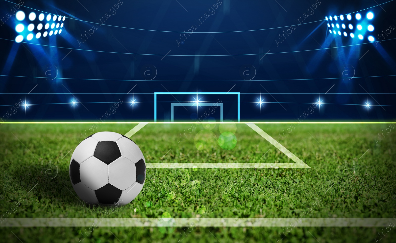 Image of Soccer ball on green football field, space for text 