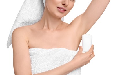 Woman applying deodorant on white background, closeup