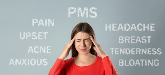 Image of Hormones imbalance. Stressed young woman and different words on grey background, banner design
