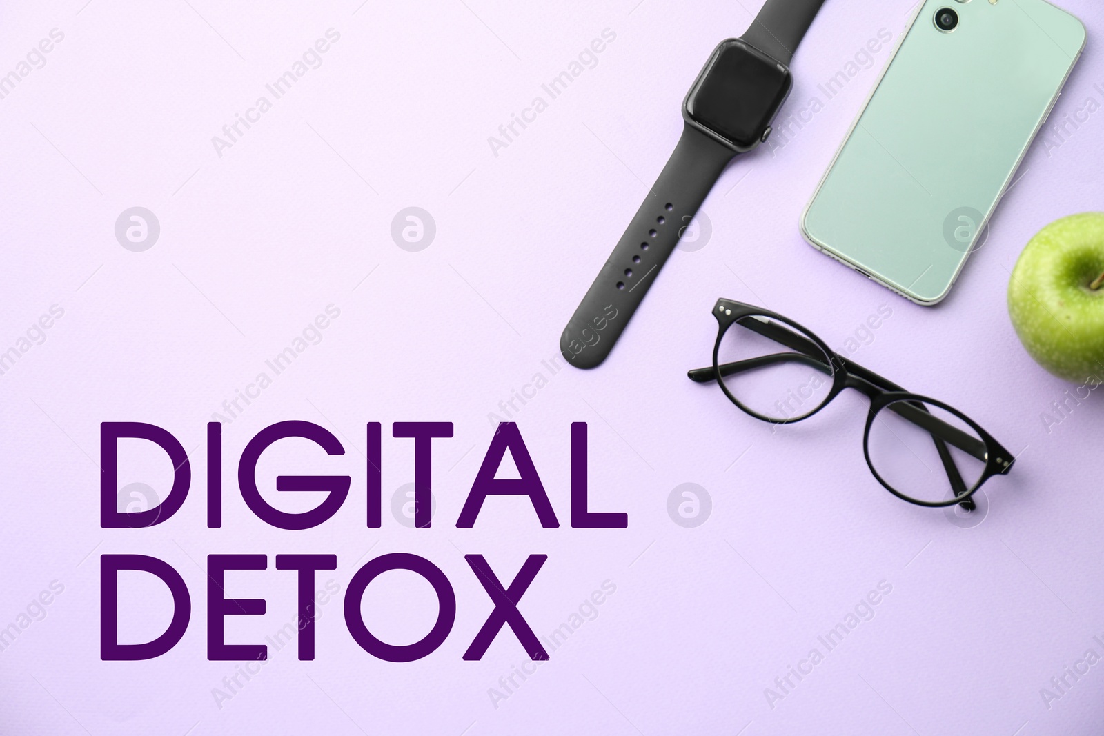Image of Flat lay composition with text Digital Detox and phone on violet background, flat lay