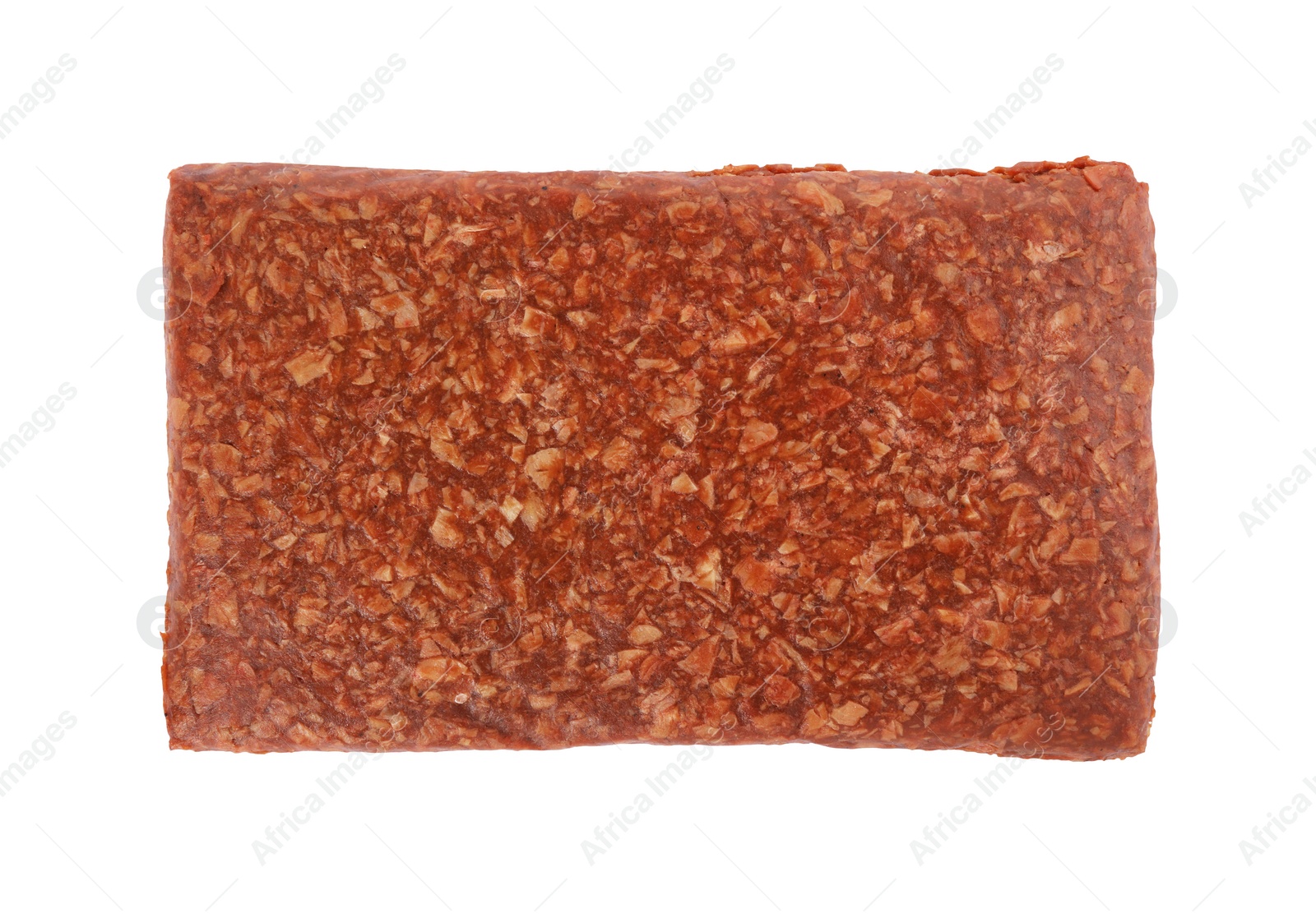 Photo of Fresh raw mince isolated on white, top view. Vegan meat product