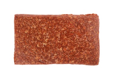 Photo of Fresh raw mince isolated on white, top view. Vegan meat product
