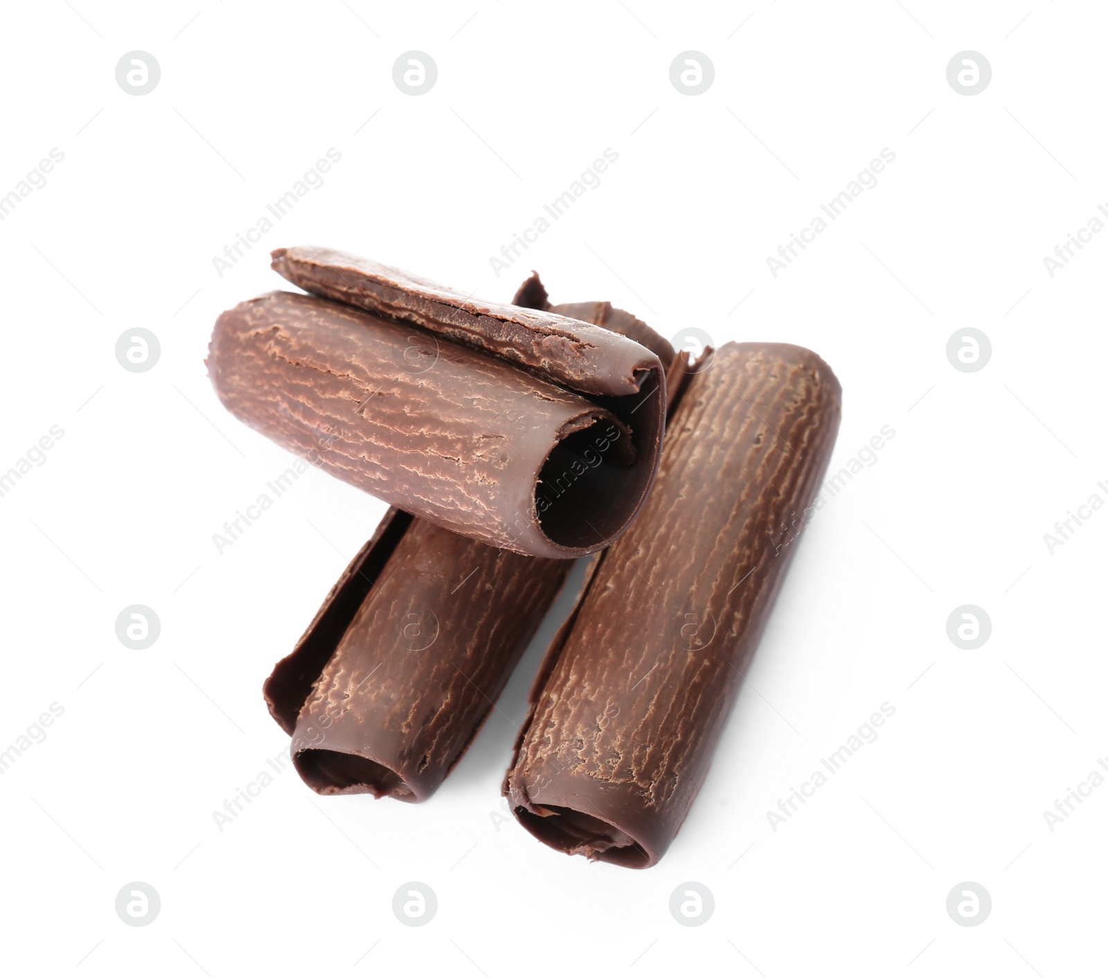 Photo of Delicious chocolate curls on white background