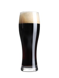 Photo of Glass of cold dark beer on white background