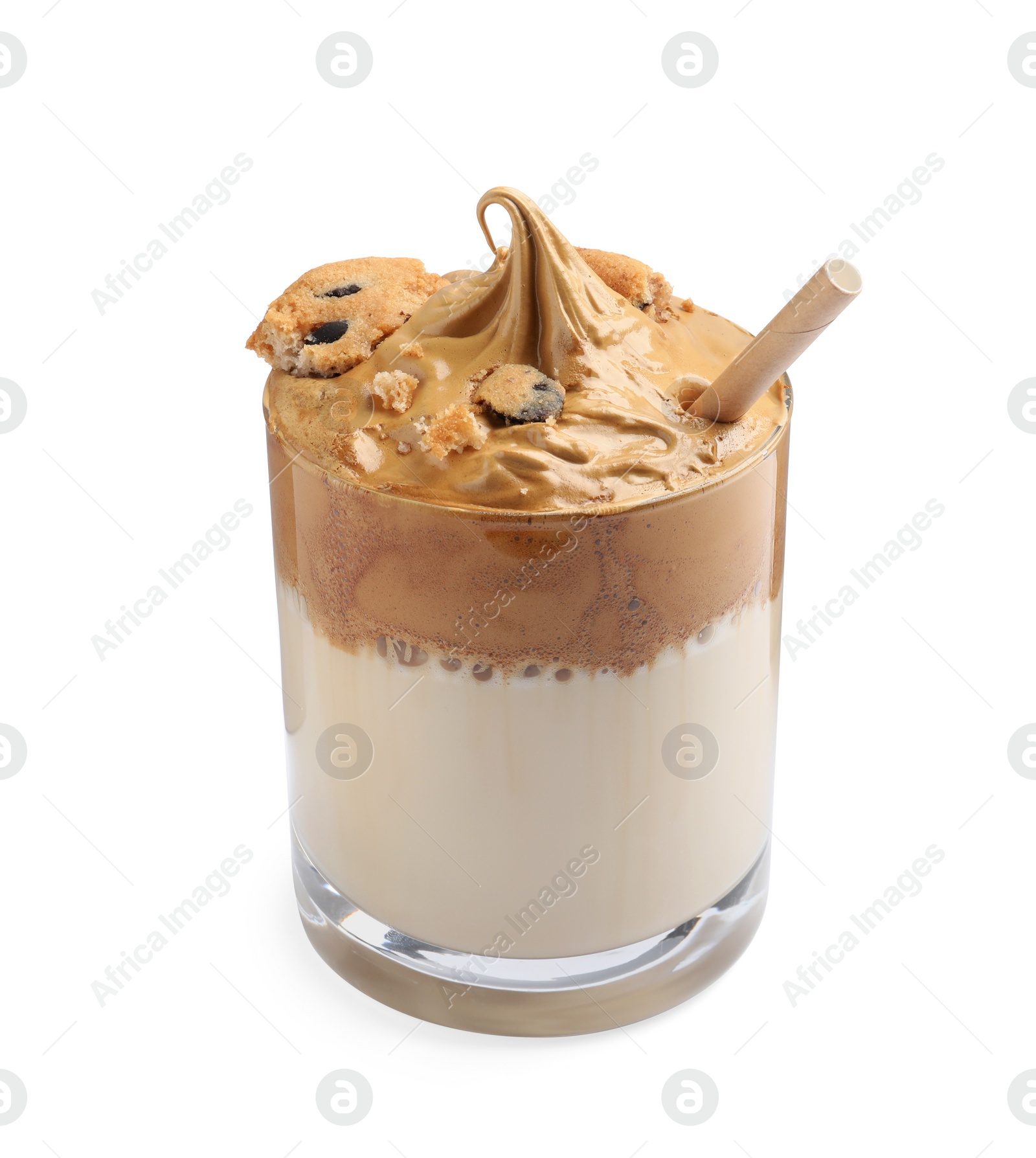 Photo of Glass of delicious dalgona coffee with cookie pieces isolated on white