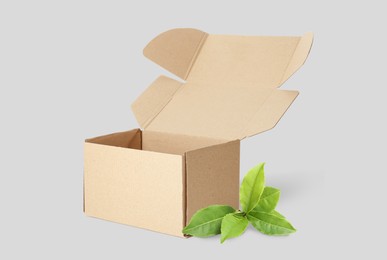 Cardboard box and green leaves on light grey background. Eco friendly lifestyle