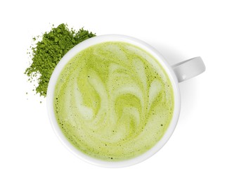 Photo of Cup of fresh matcha latte and green powder isolated on white, top view