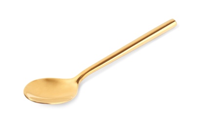 Photo of Stylish clean gold spoon on white background