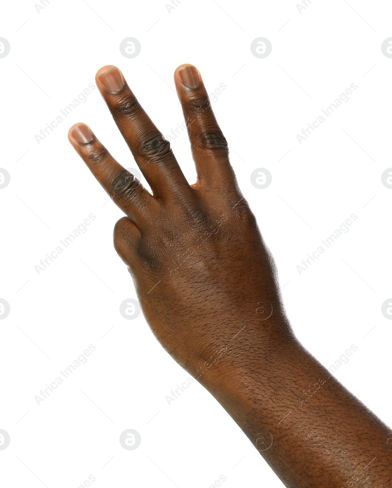 Photo of African-American man showing number THREE on white background, closeup