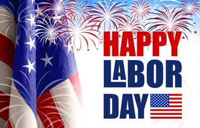 Happy Labor Day. American national flag and fireworks on white background