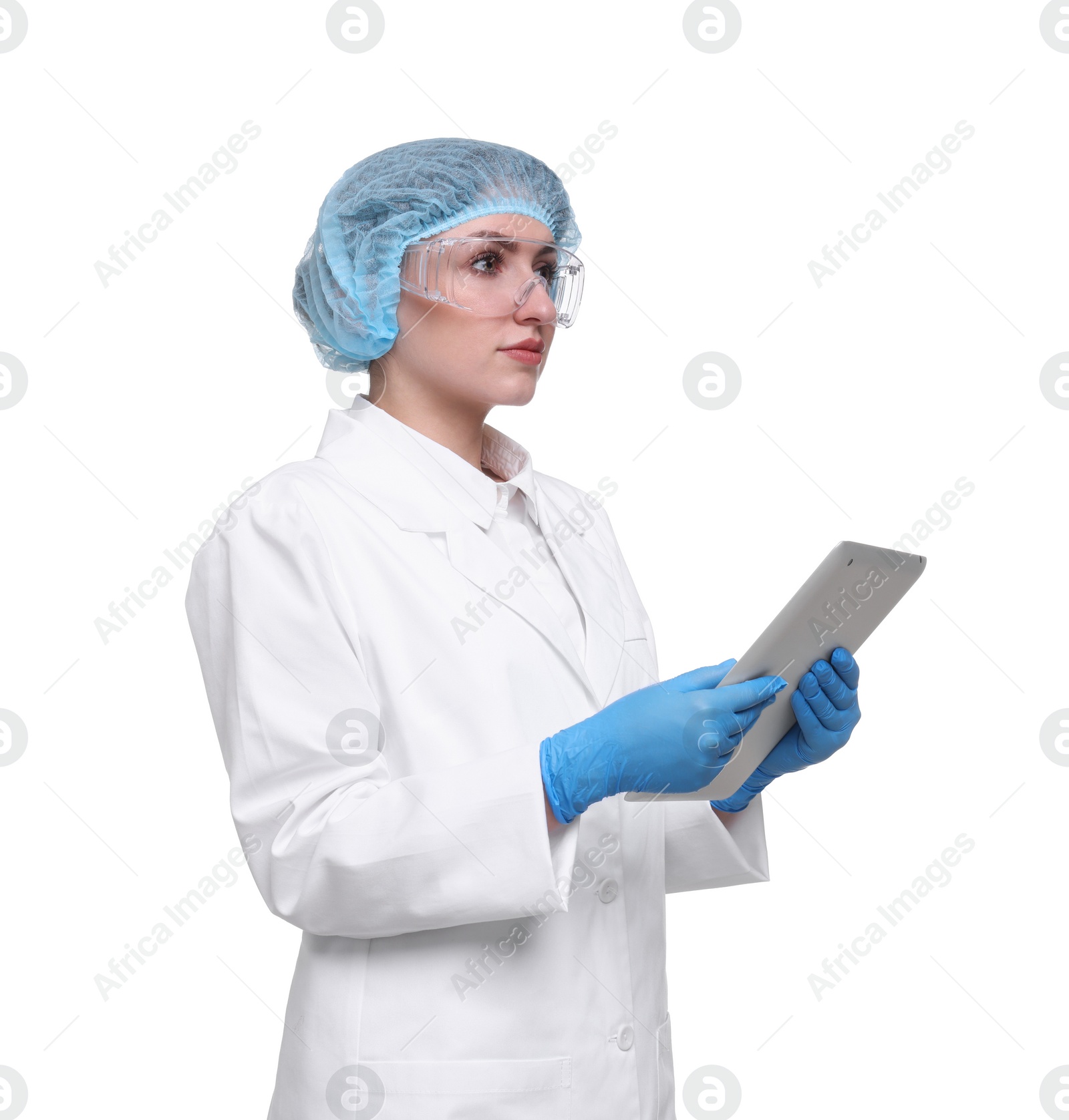 Photo of Quality control. Food inspector with tablet on white background