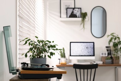 Photo of Record player and houseplant near cozy workplace at home