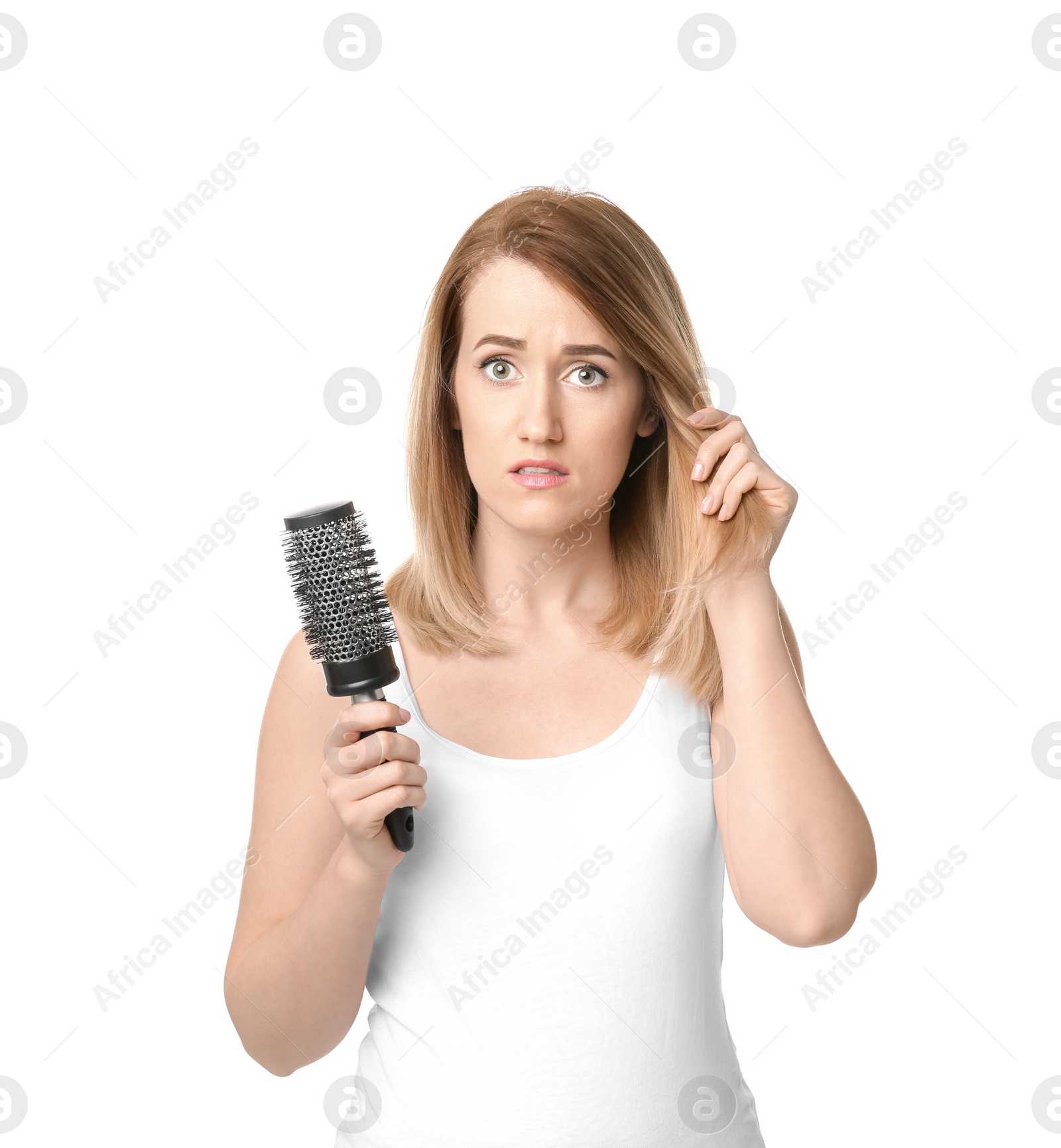 Photo of Young woman with hair loss problem on white background