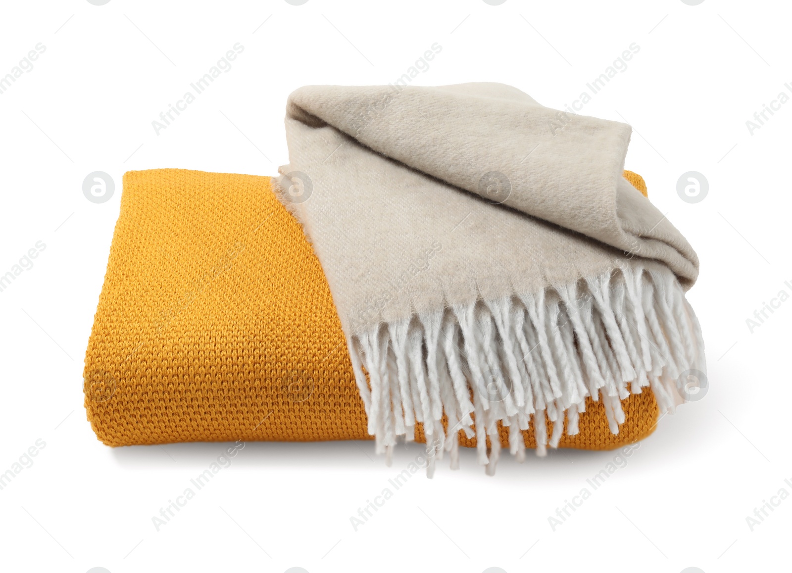 Photo of Two soft warm blankets isolated on white