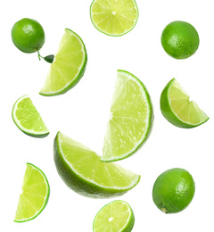 Image of Collage of flying limes on white background