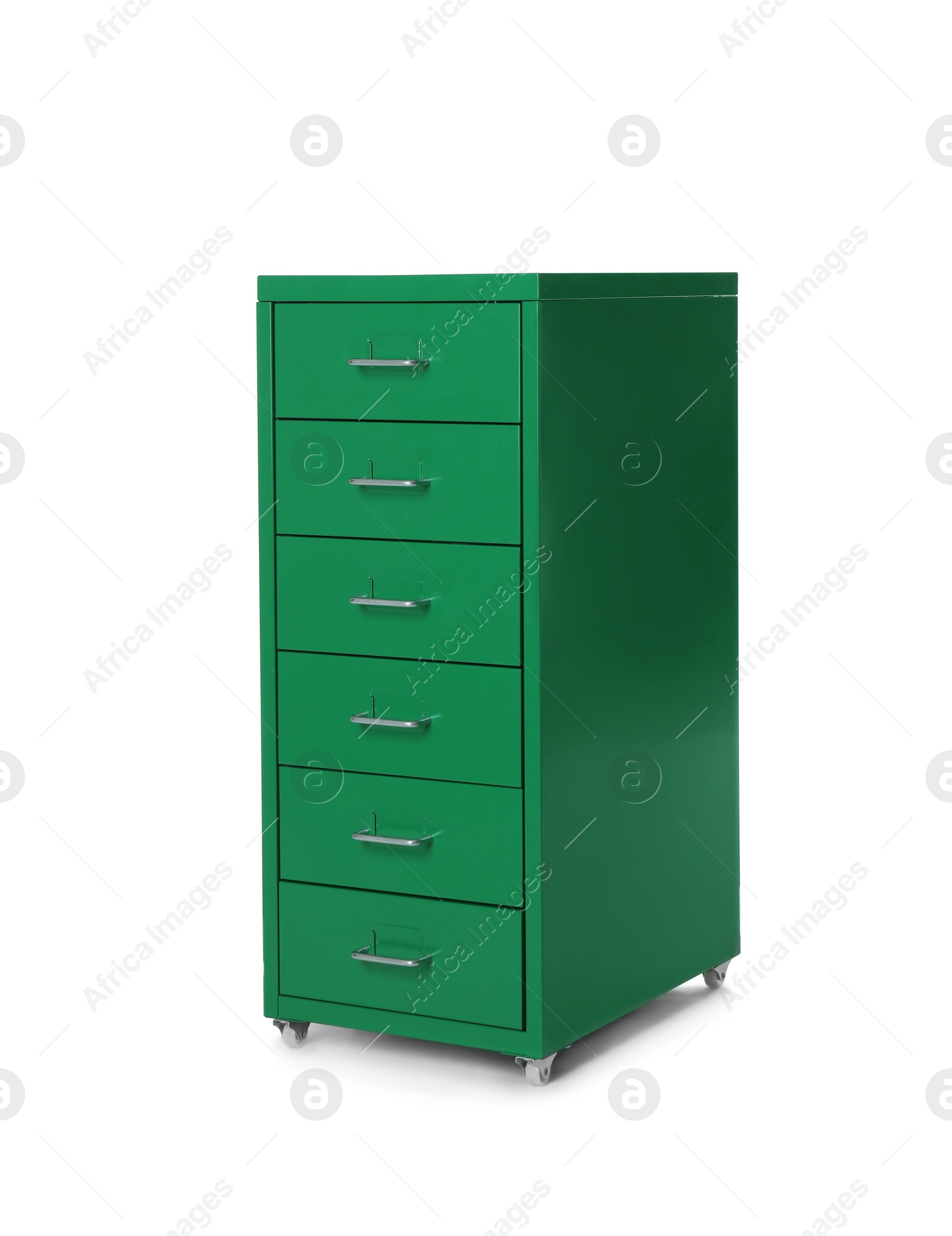 Photo of Green chest of drawers on white background. Furniture for wardrobe room