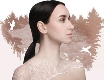 Double exposure of beautiful woman and natural scenery on white background