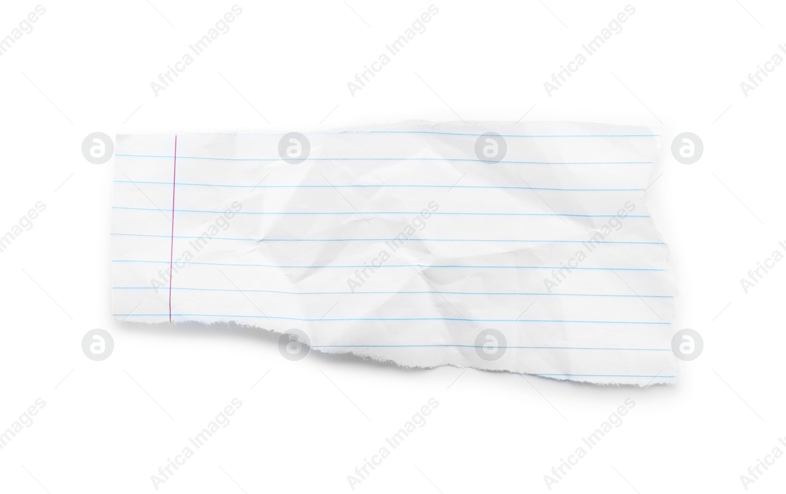Photo of Piece of crumpled lined notebook sheet isolated on white, top view