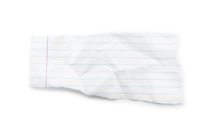 Piece of crumpled lined notebook sheet isolated on white, top view