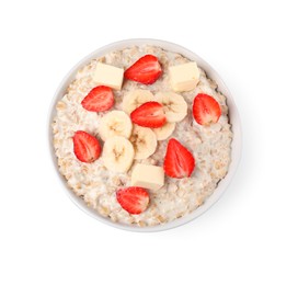 Photo of Tasty boiled oatmeal with banana, strawberries and butter in bowl isolated on white, top view