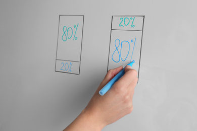 Photo of Woman writing 80/20 rule representation on flip chart board, closeup. Pareto principle concept