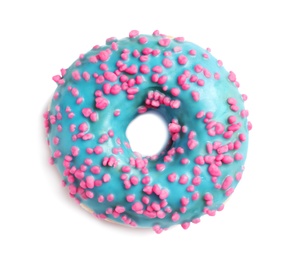 Delicious glazed doughnut with sprinkles on white background