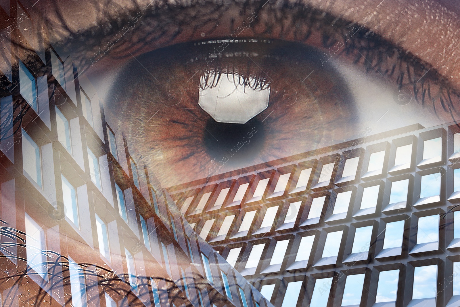 Image of Double exposure of modern buildings and woman with beautiful eye, closeup