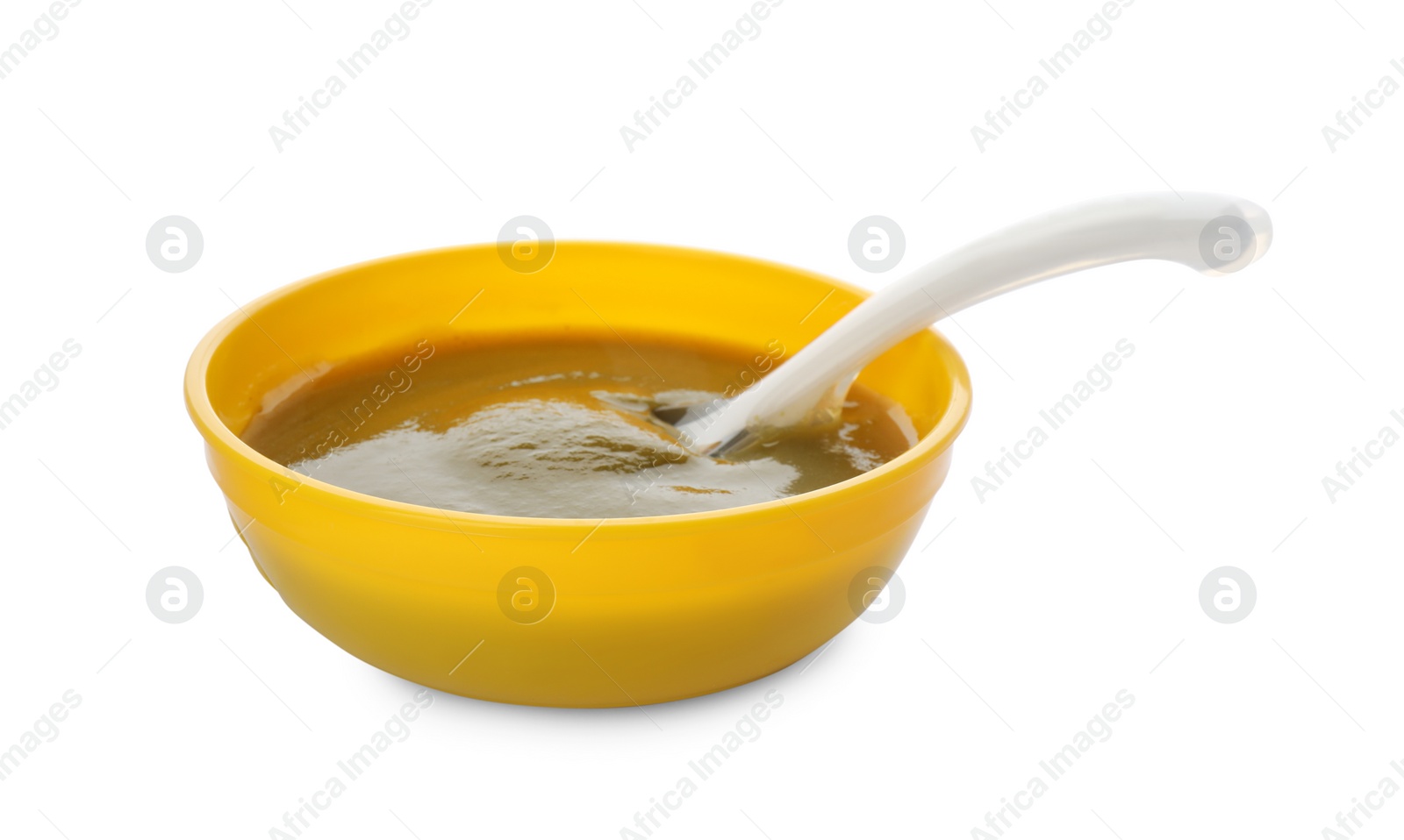 Photo of Healthy baby food in bowl on white background