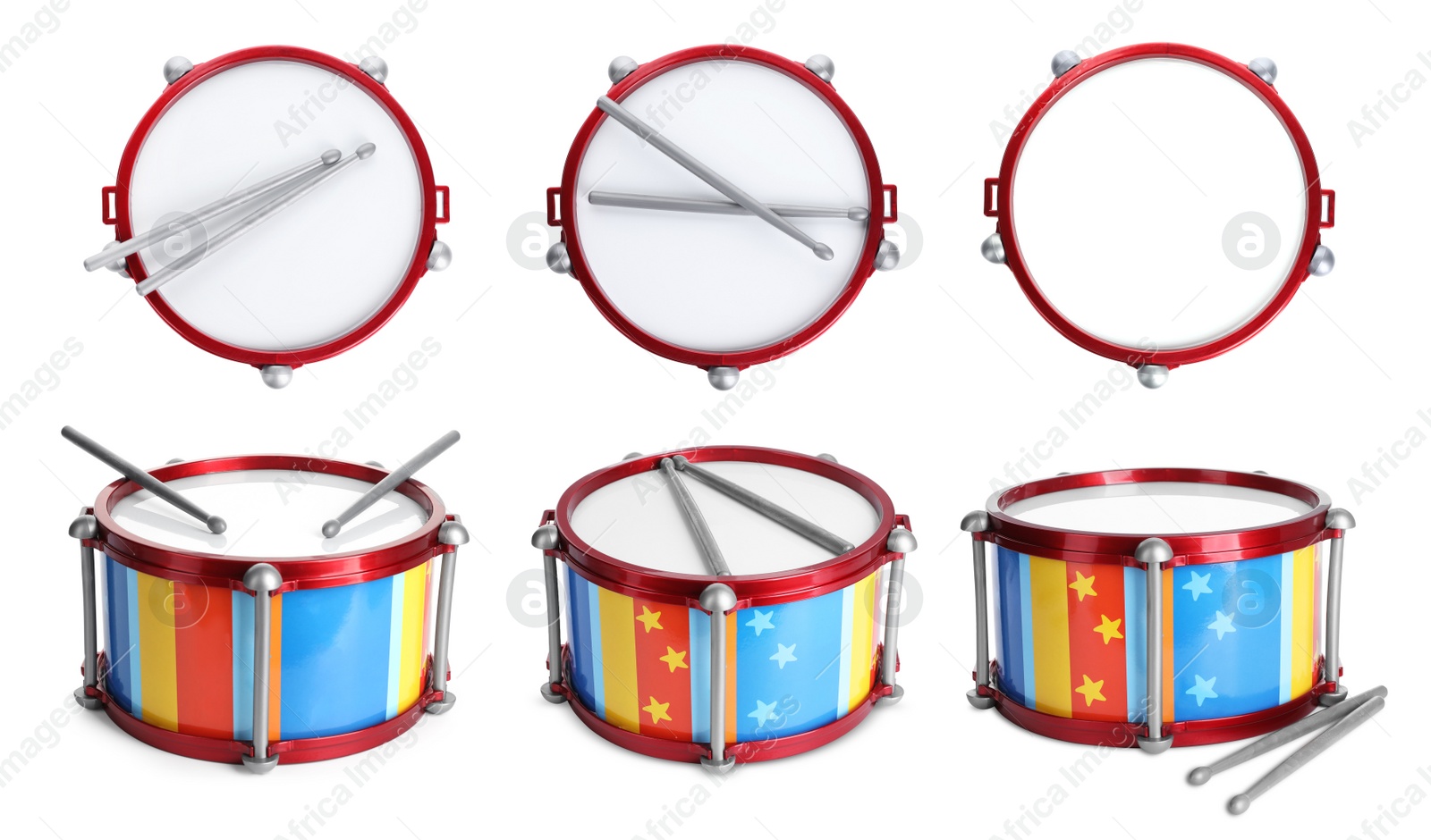 Image of Bright toy drums and sticks on white background, set