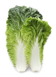 Photo of Leaves of Chinese cabbage on white background, top view