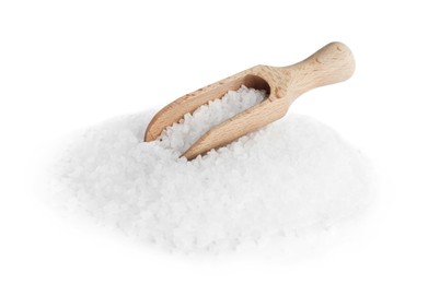 Natural salt and wooden scoop on white background