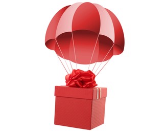 Image of Red gift box with parachute flying on white background