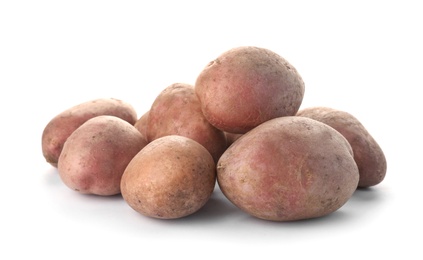 Photo of Fresh ripe organic potatoes on white background