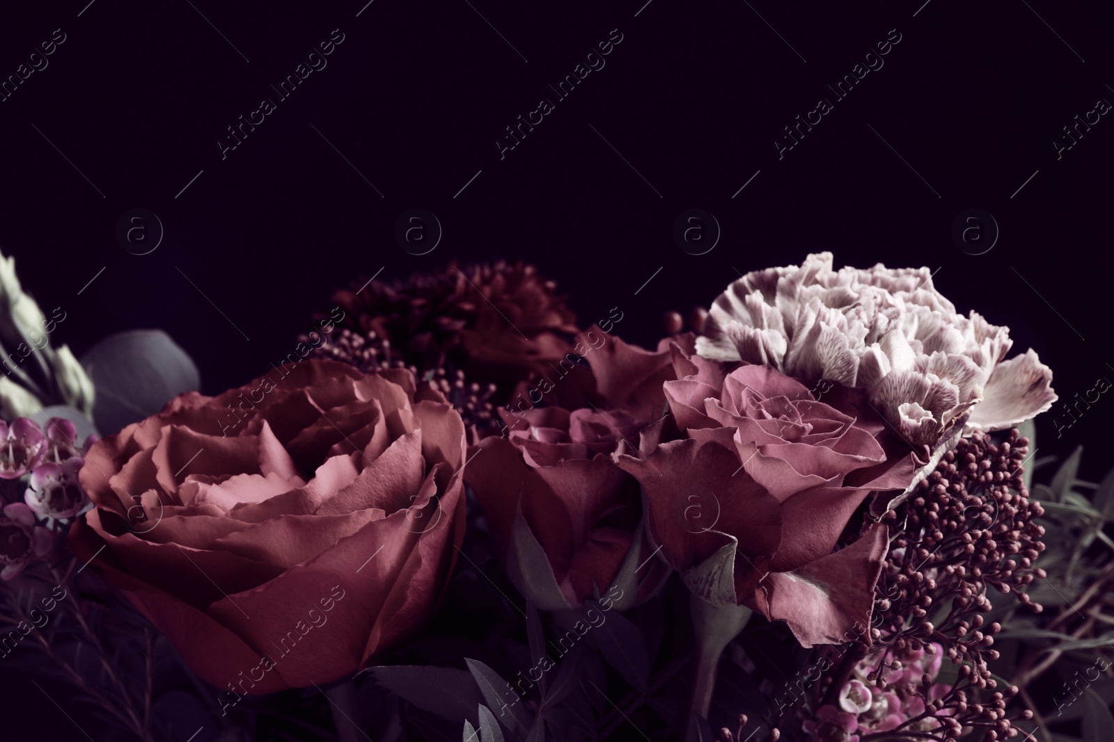 Photo of Beautiful bouquet of different flowers on black background. Floral card design with dark vintage effect