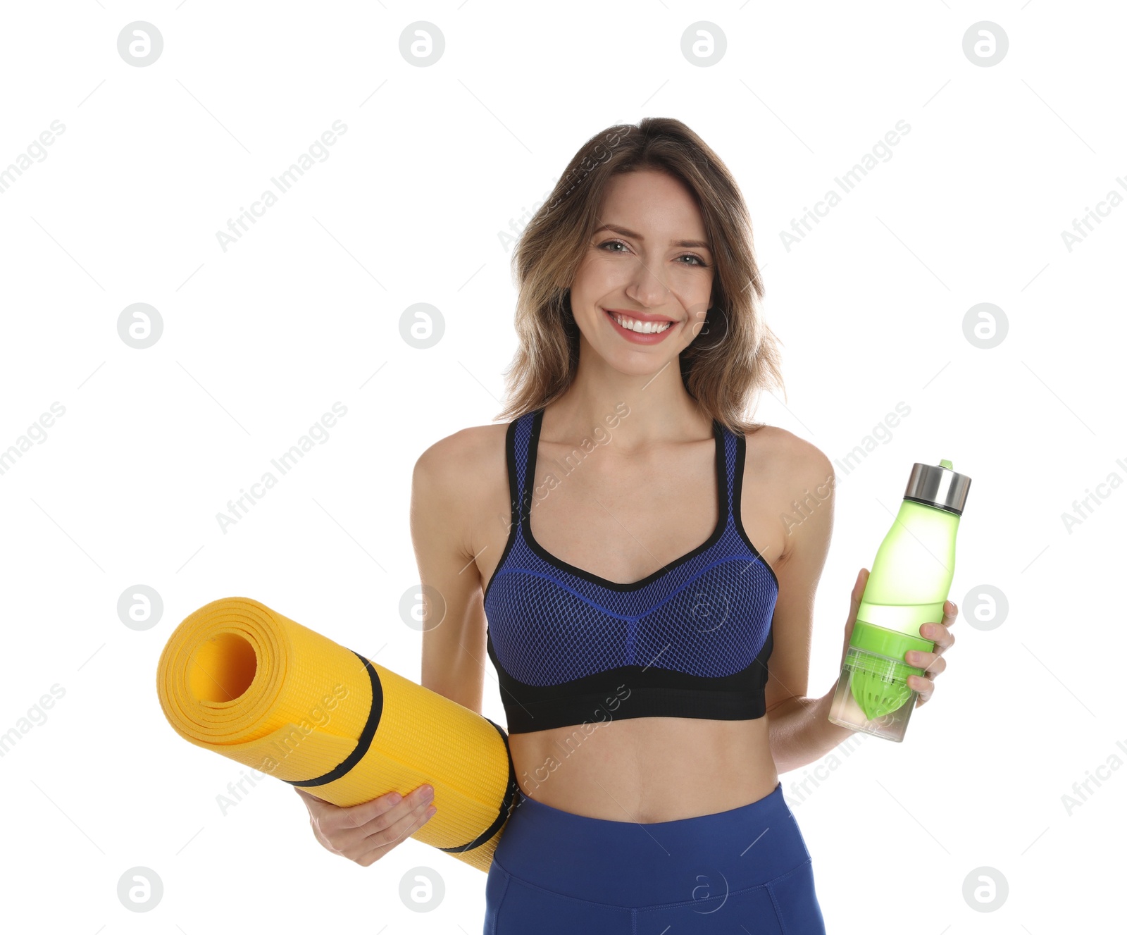 Photo of Beautiful woman with yoga mat and bottle of water on white background