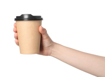 Woman holding paper cup of tasty drink on white background. Coffee to go