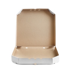 Photo of Open cardboard pizza box on white background