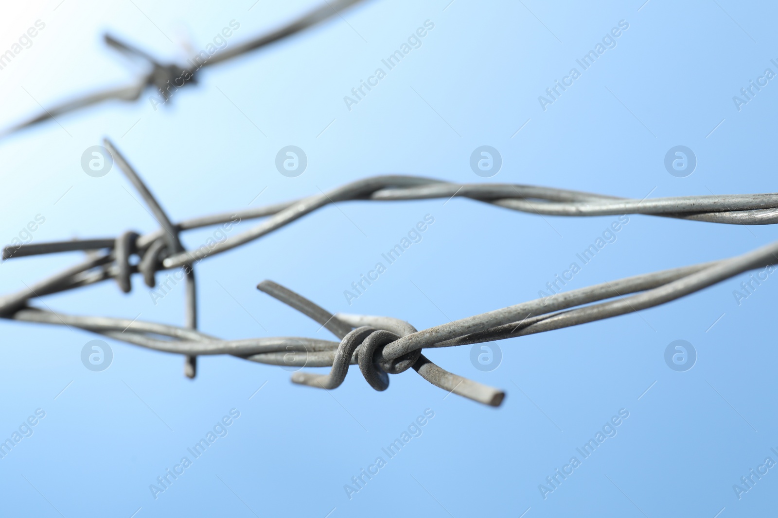 Photo of Metal barbed wire on light blue background, closeup