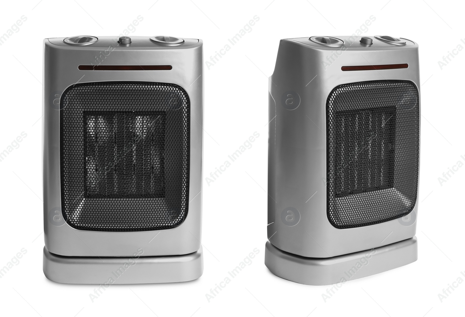 Image of Modern electric fan heaters on white background, collage 