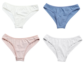 Image of Set of women's underwear on white background
