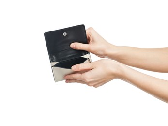 Photo of Woman with empty wallet on white background, closeup