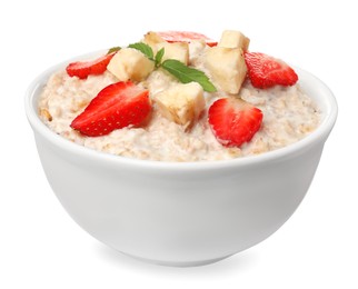 Photo of Tasty boiled oatmeal with strawberries and banana in bowl isolated on white