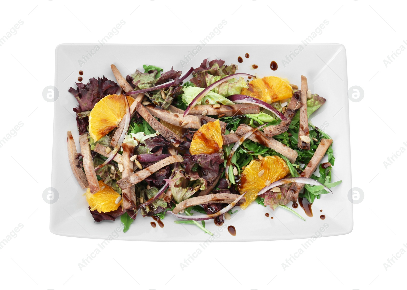 Photo of Delicious salad with beef tongue, orange and onion isolated on white, top view