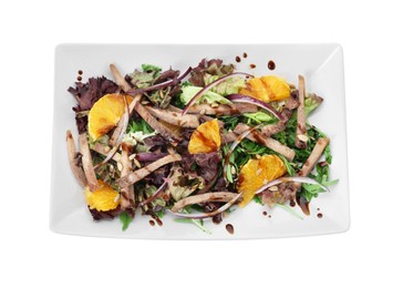 Delicious salad with beef tongue, orange and onion isolated on white, top view